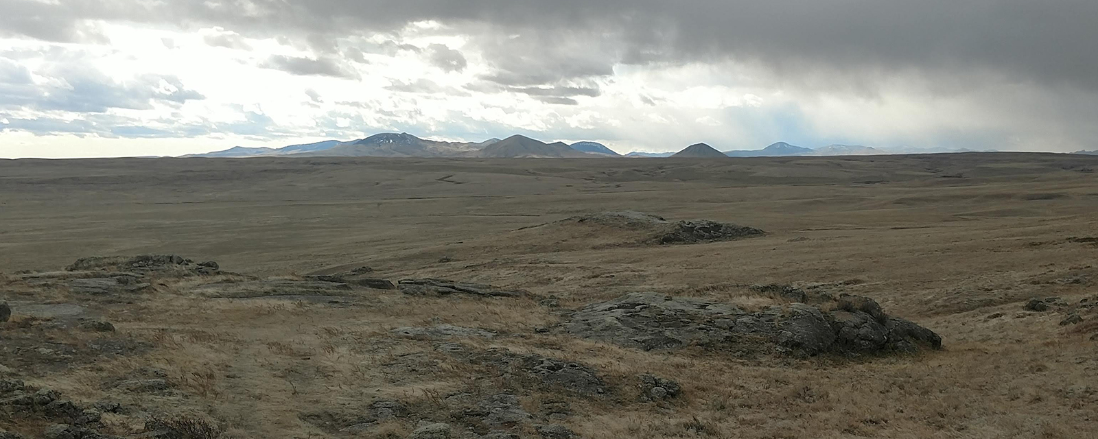 A landscape with dry prairie in the foreground and a mountain range in the distance